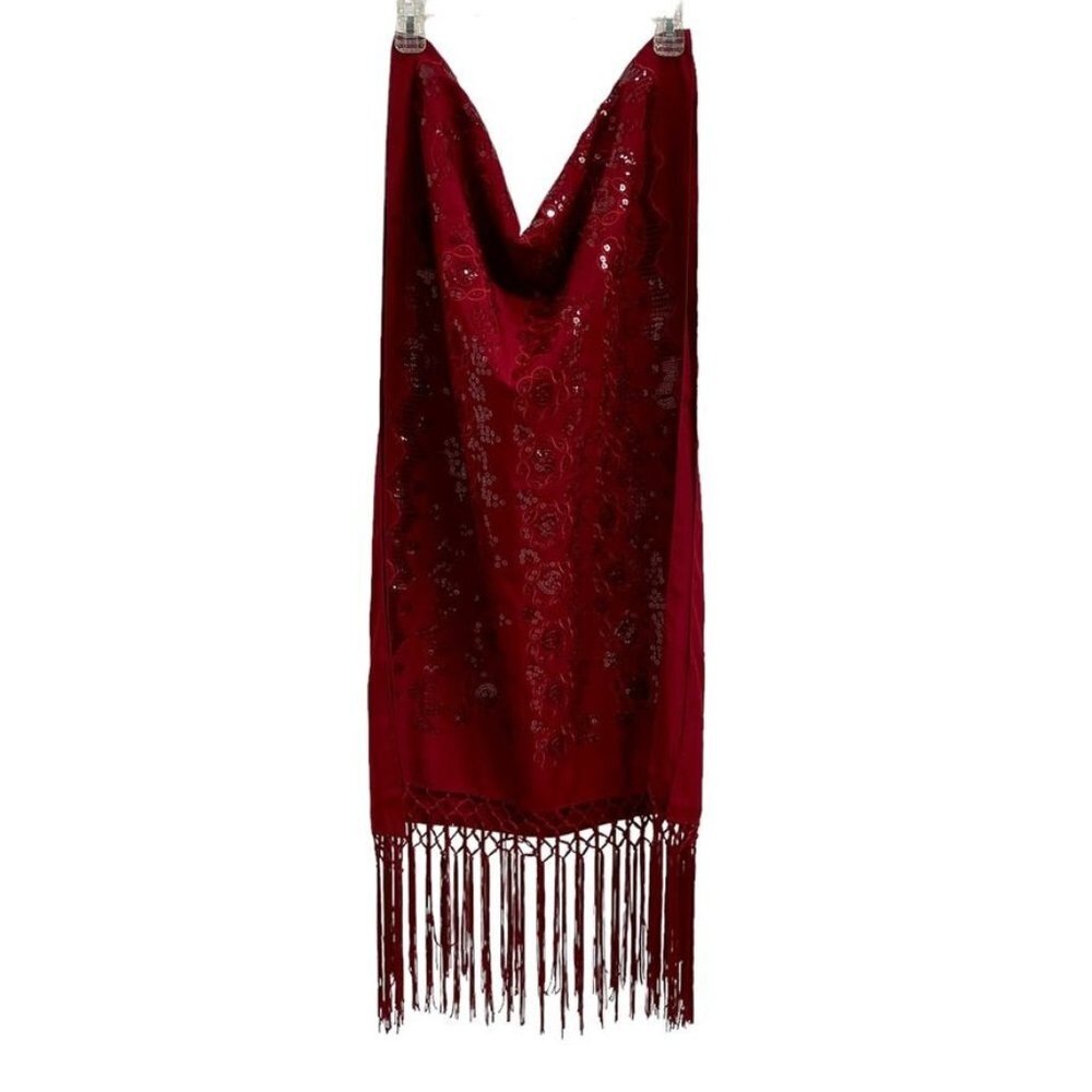 Indian Multi Use Burgundy Fringed Sequined Embroidered Scarf Shawl Wrap NWOT